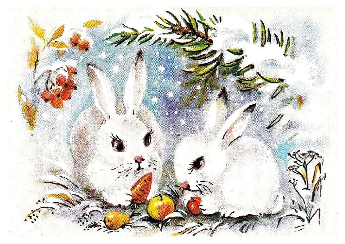 Зайчик зимой живопись