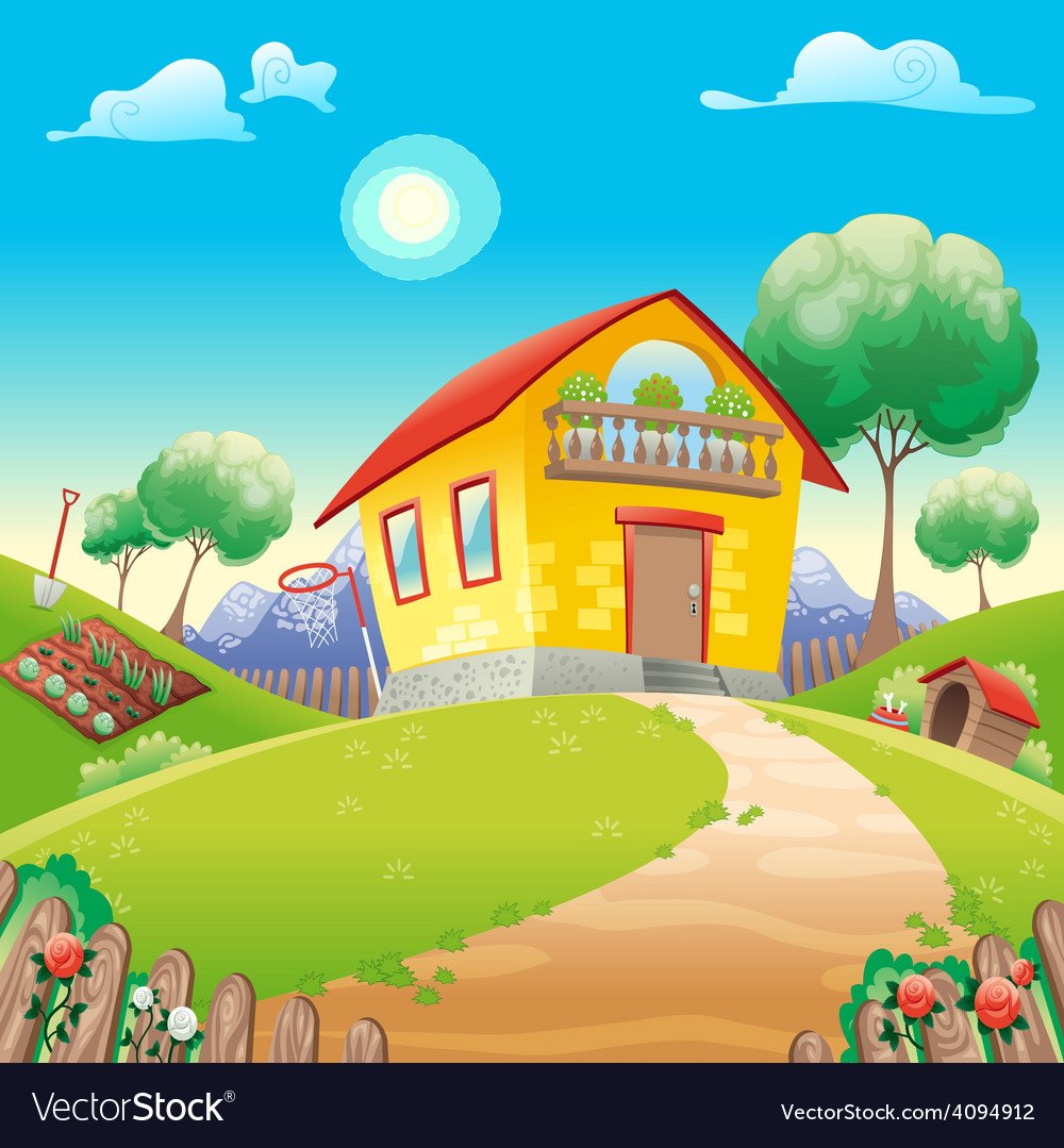 Мультяшный домик в деревне в огороде