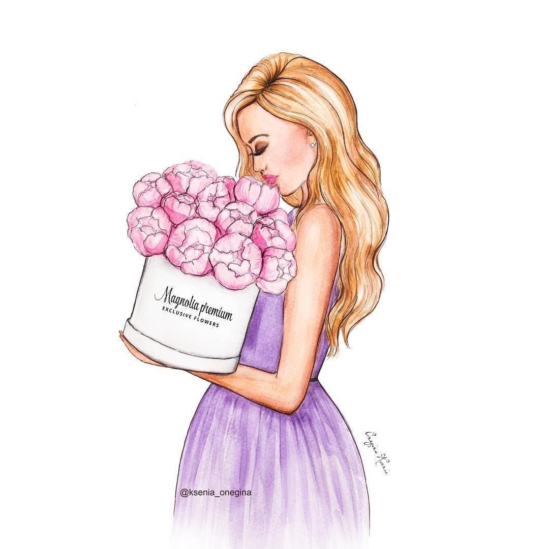 Нарисованная девушка с букетом