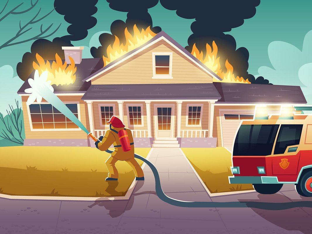 Пожарные тушат пожар для детей