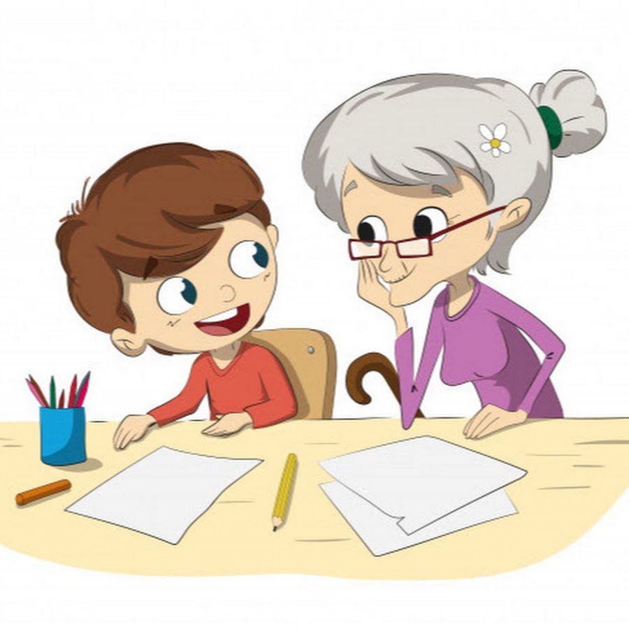 Бабушка учит уроки с внуком