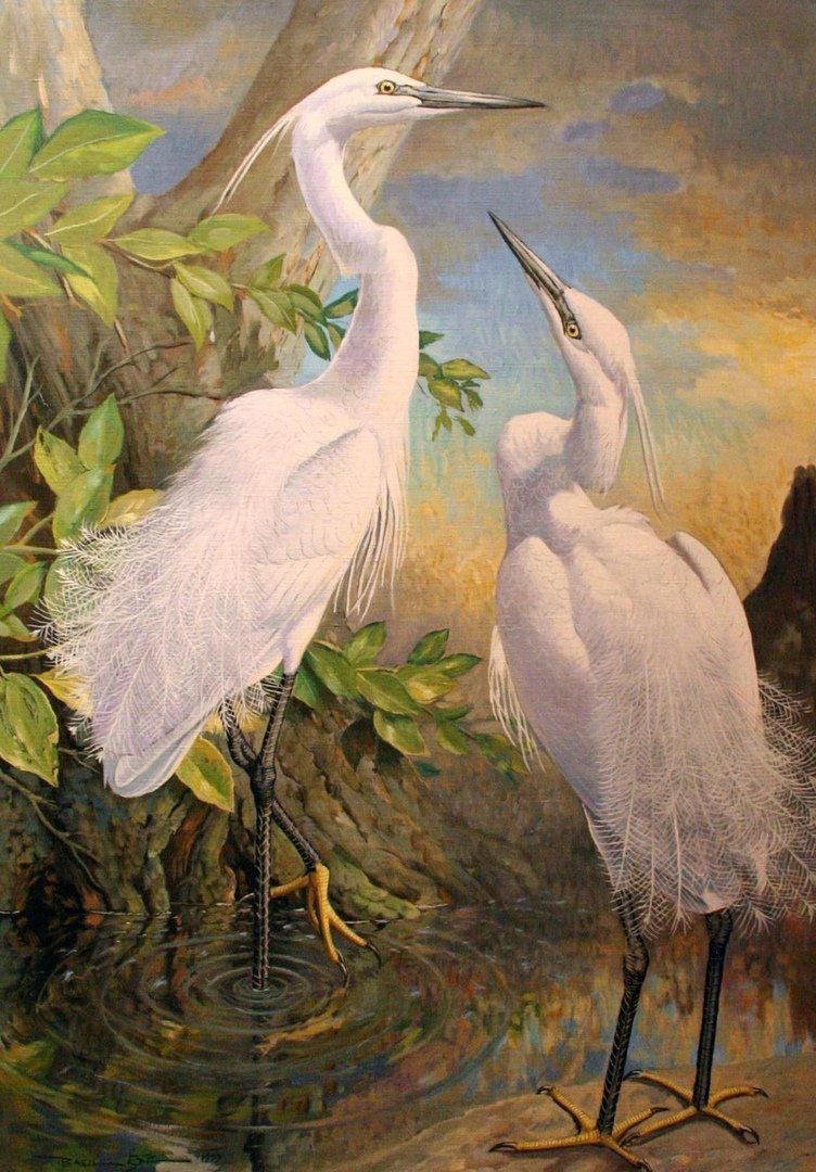 Пейзаж акварелью с цаплей