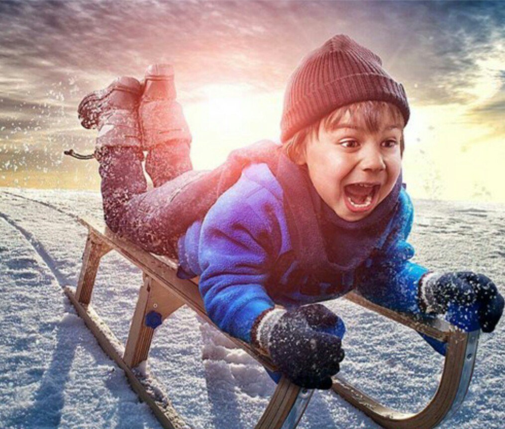 Снежная фотосессия в лесу с санками