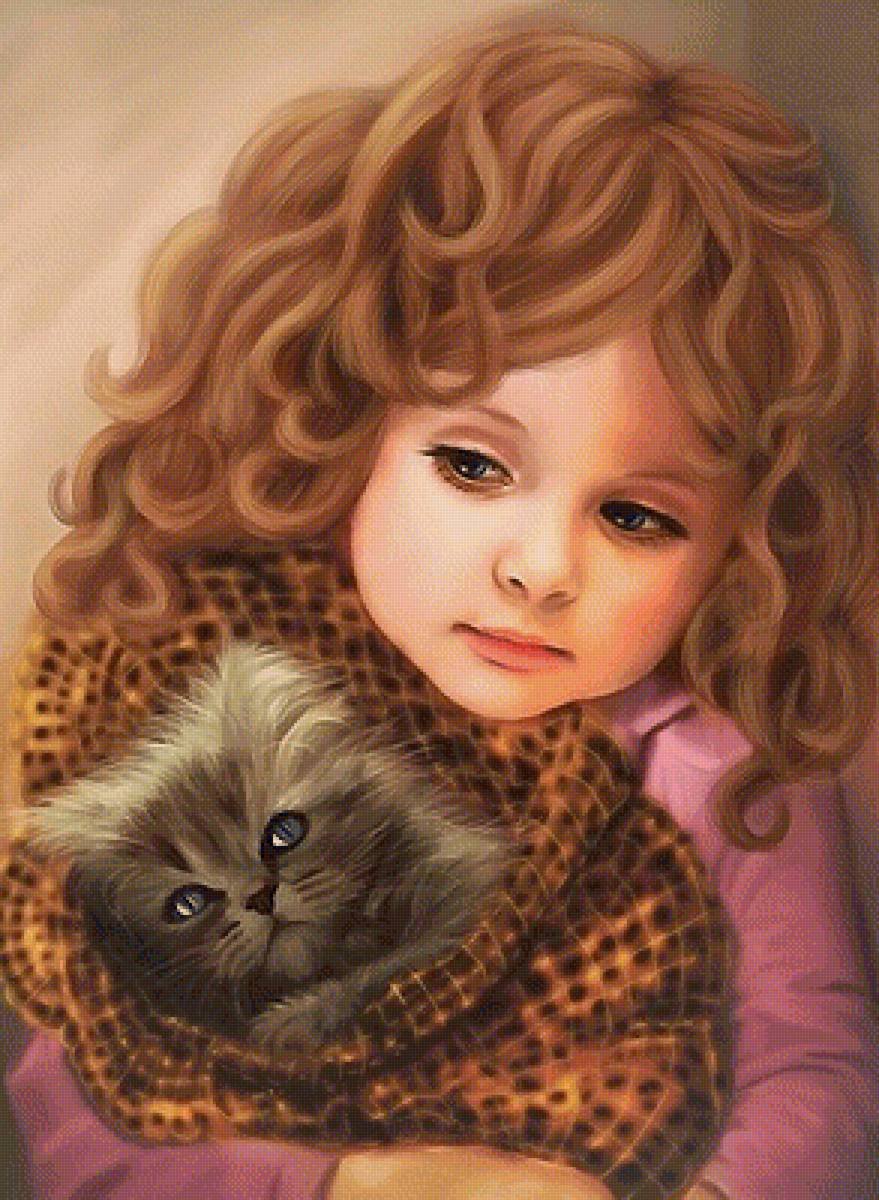 Девочка с котенком живопись