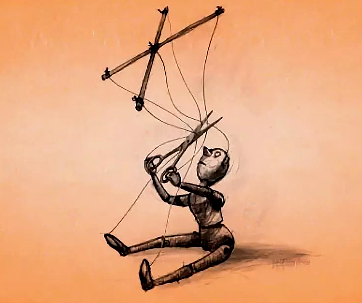 Человек марионетка руки с нитками держит над коробкой