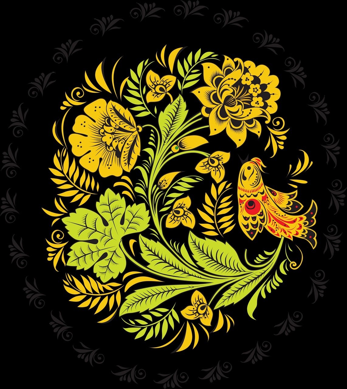 Хохломские узоры на черном фоне