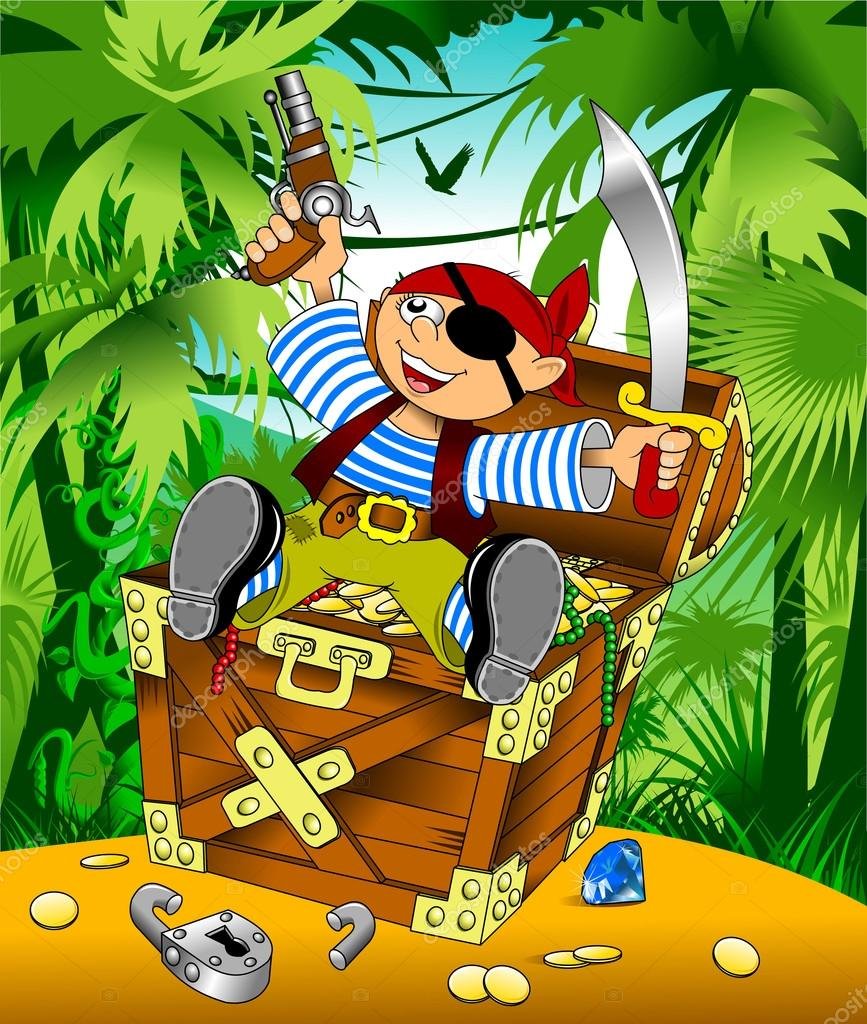 Пират с сундуком и сокровищами
