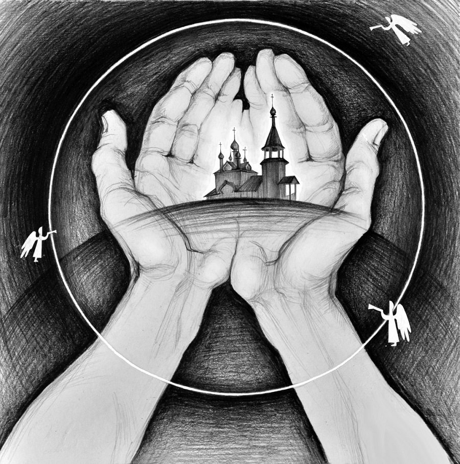 Девушка на фоне церкви