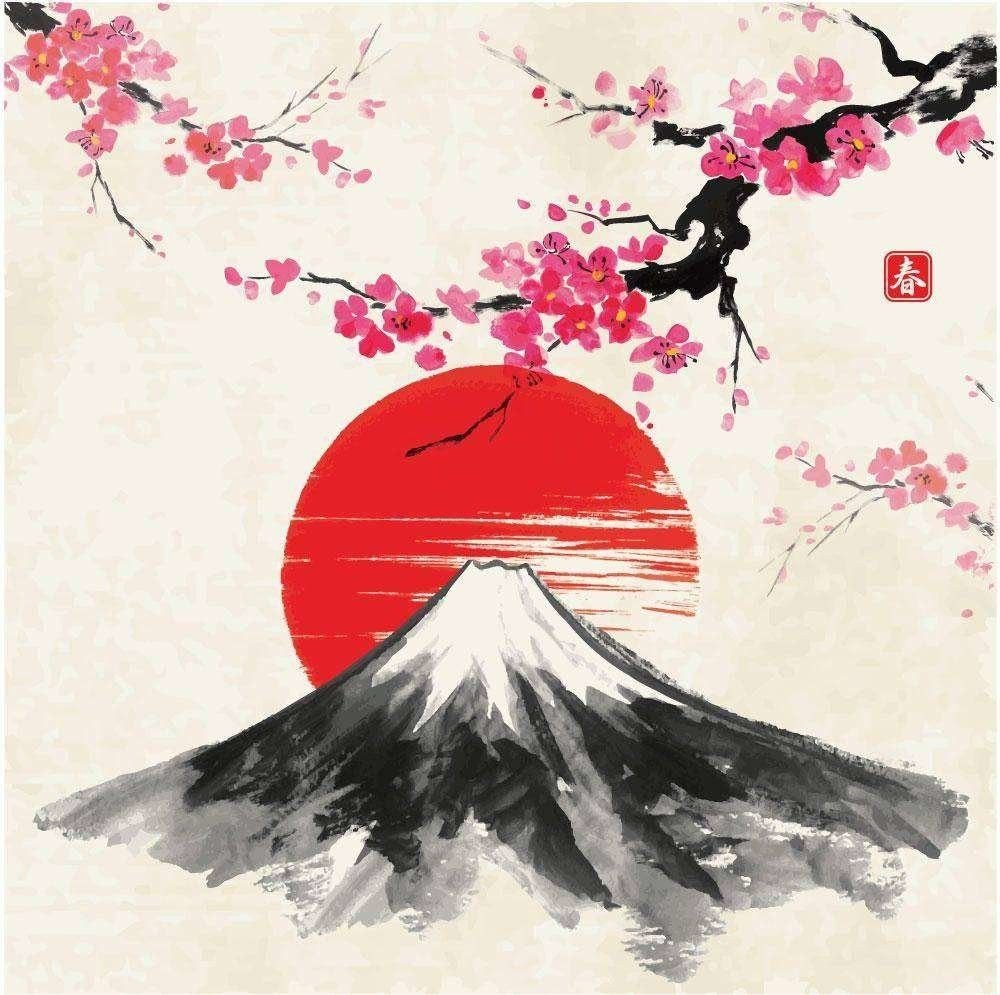 Японская традиционная Суми-э живопись. Гора Фудзи, Сакура