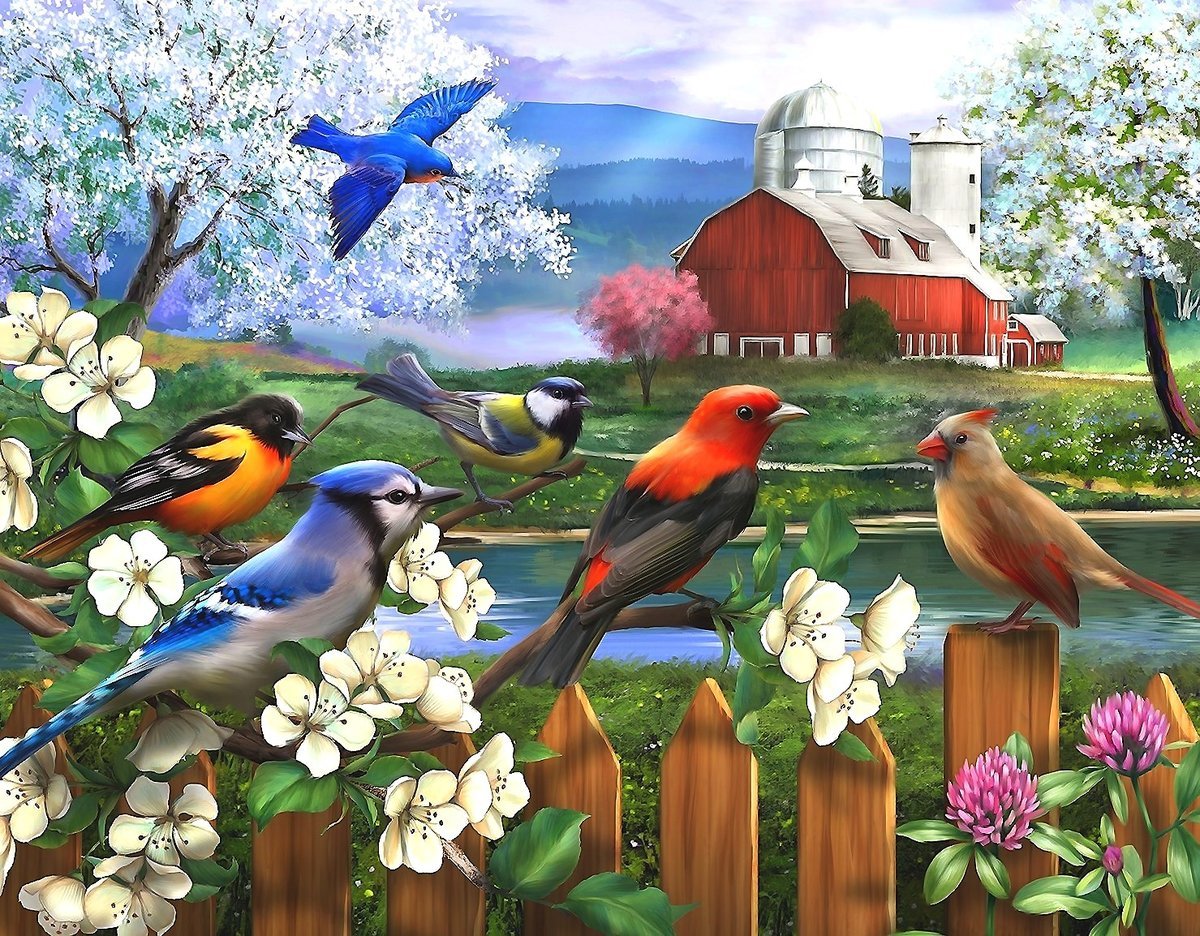 Живопись птицы на деревьях