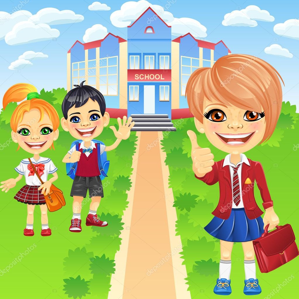 Мультяшные дети идут в школу