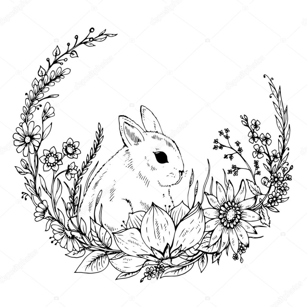 Зайчик с цветочком черно белый