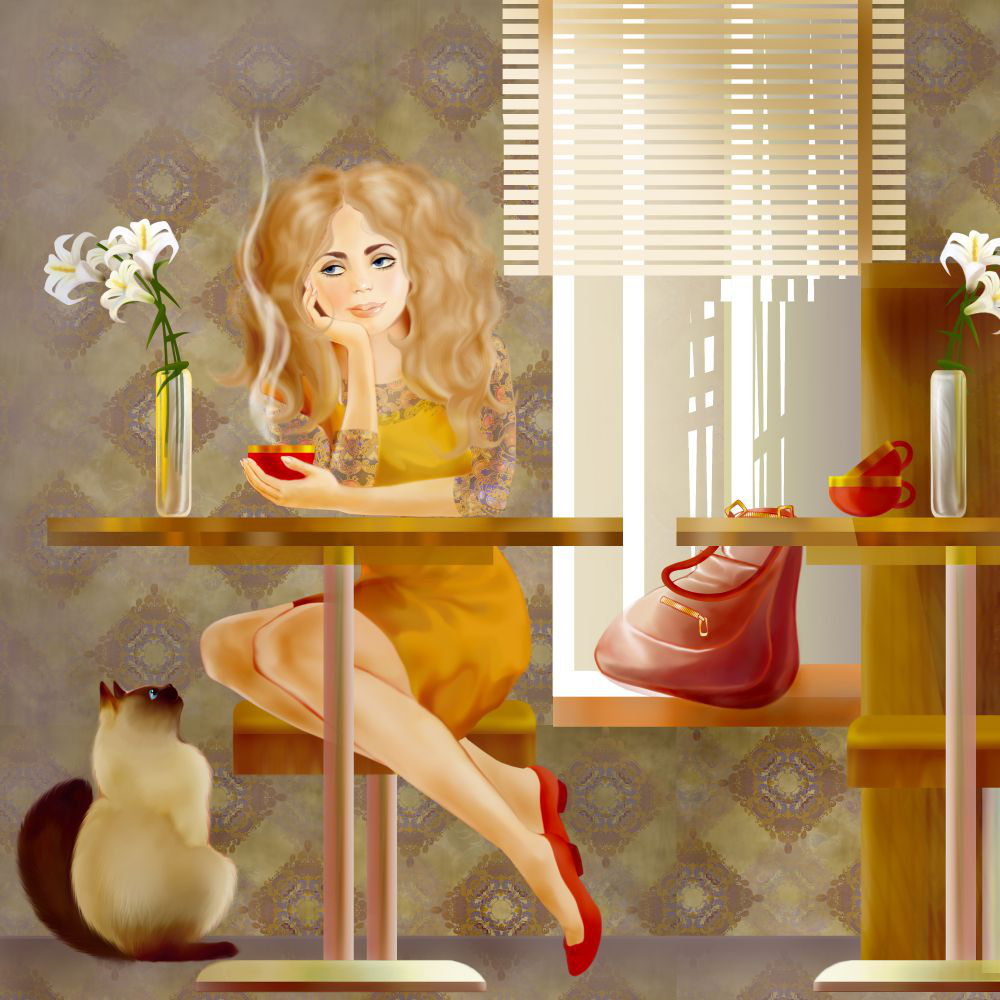 Пока просто сижу. Добрые иллюстрации. Женщина на кухне картина. Уютная женщина. Доброе утро живопись.