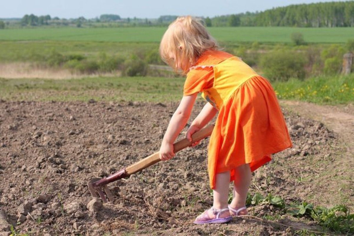 Девушка с тяпкой на огороде