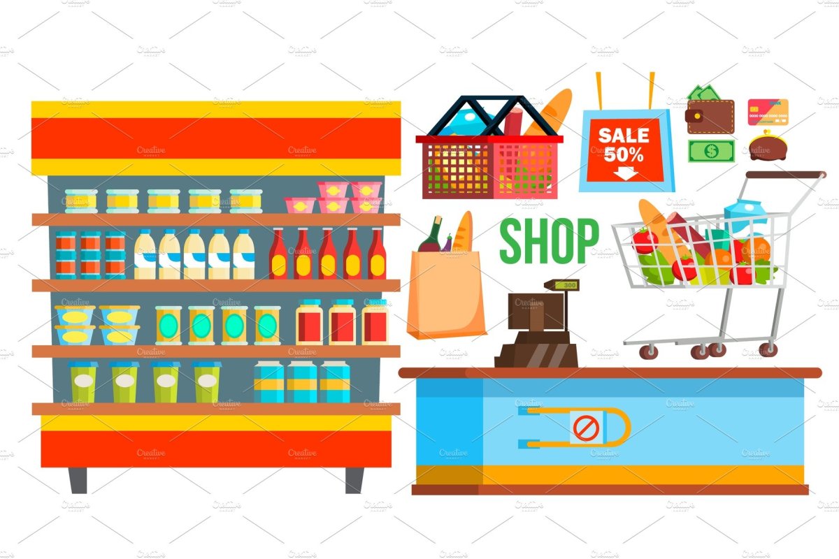 Касса в продуктовом магазине вектор