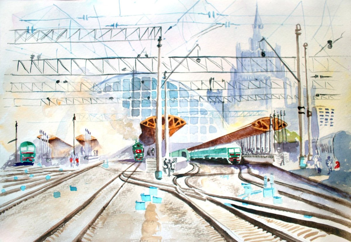 Железнодорожные пути акварель