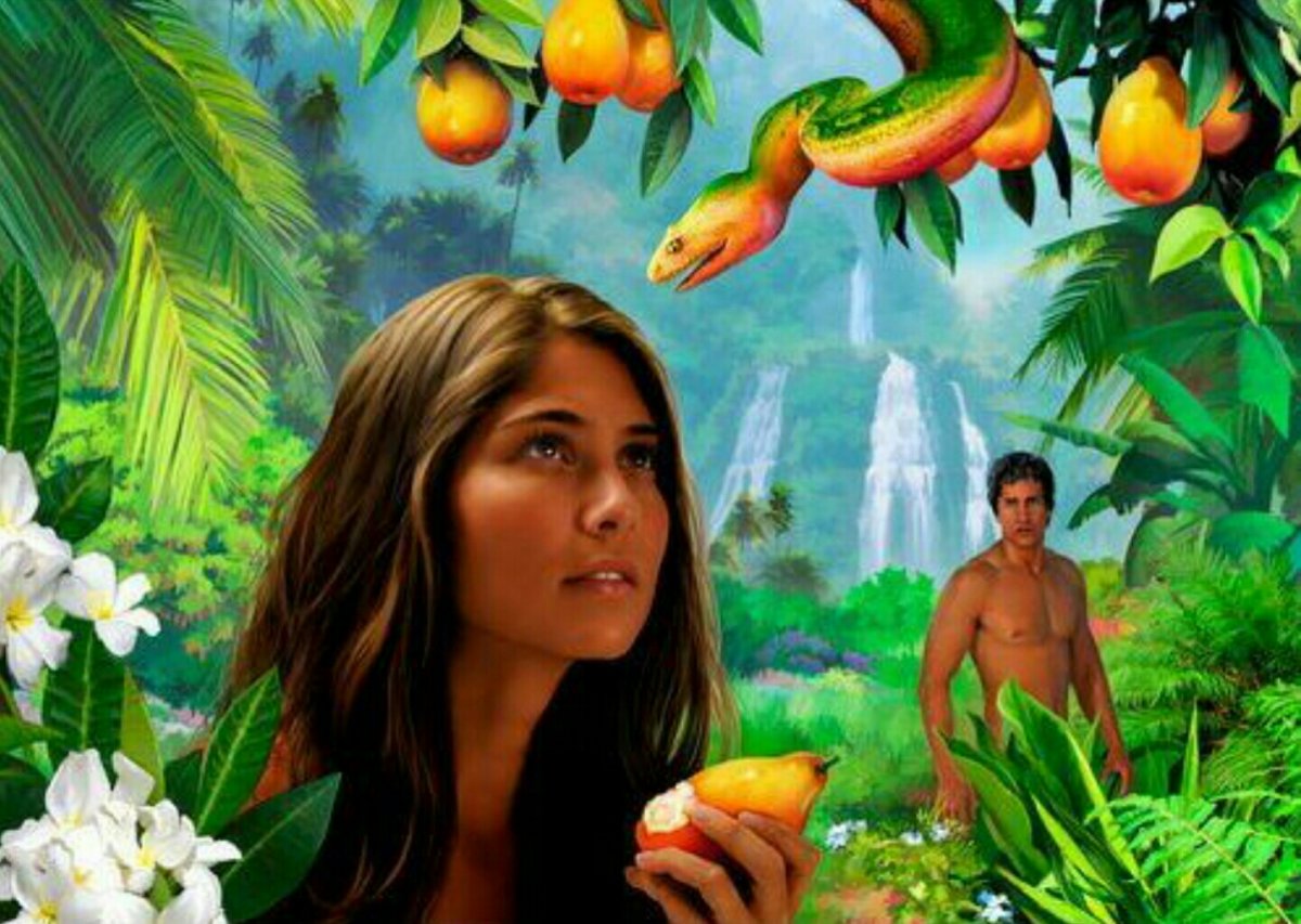 Ева и адам в Эдеме саду Эдема