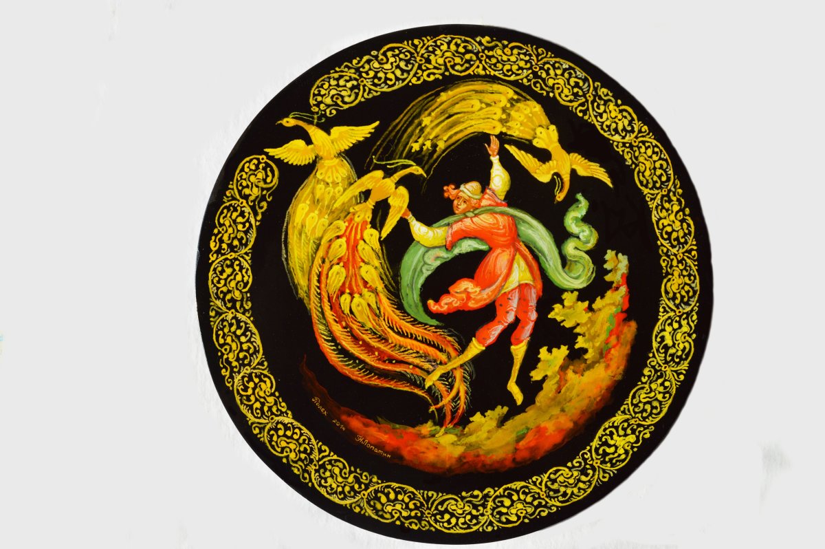 Палехская миниатюра тарелки Жар птица