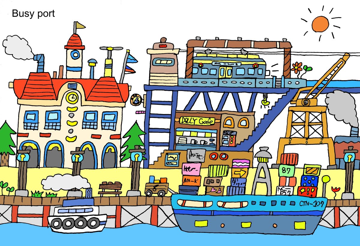 Современный морской порт мультяшный красочный