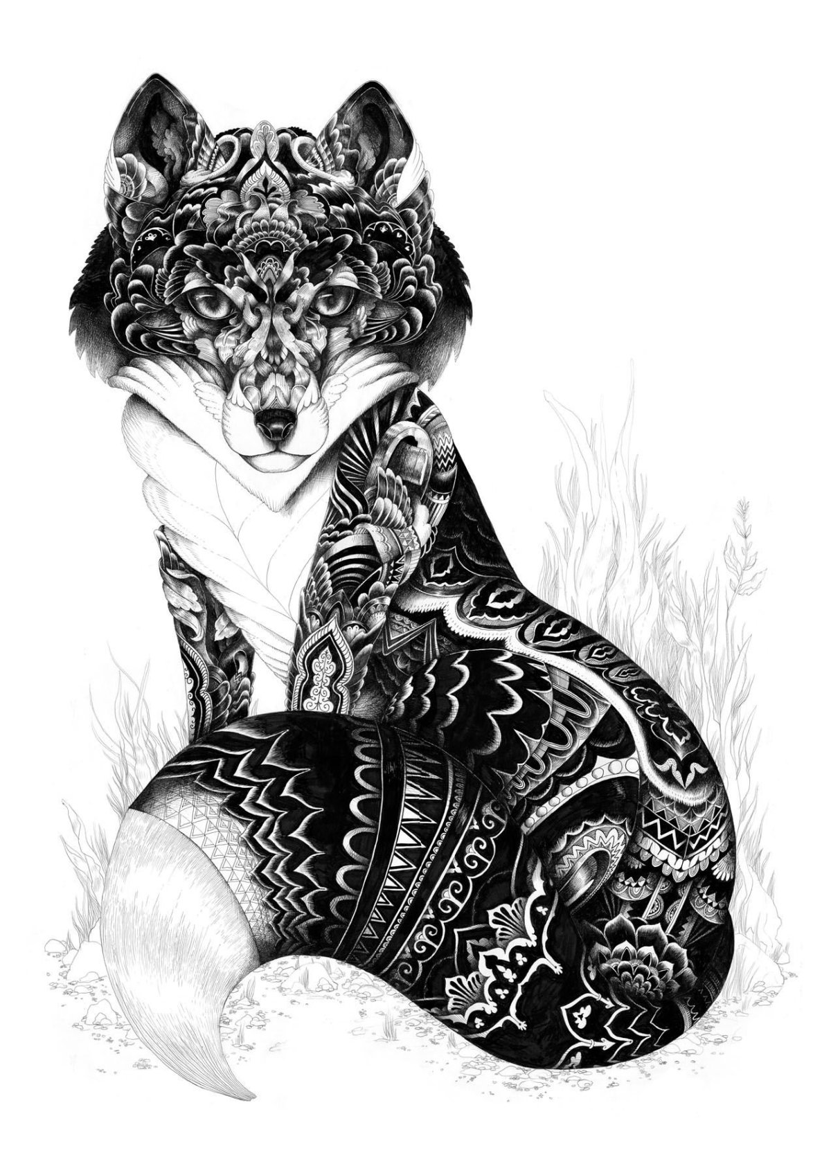 Тату лиса черно белая