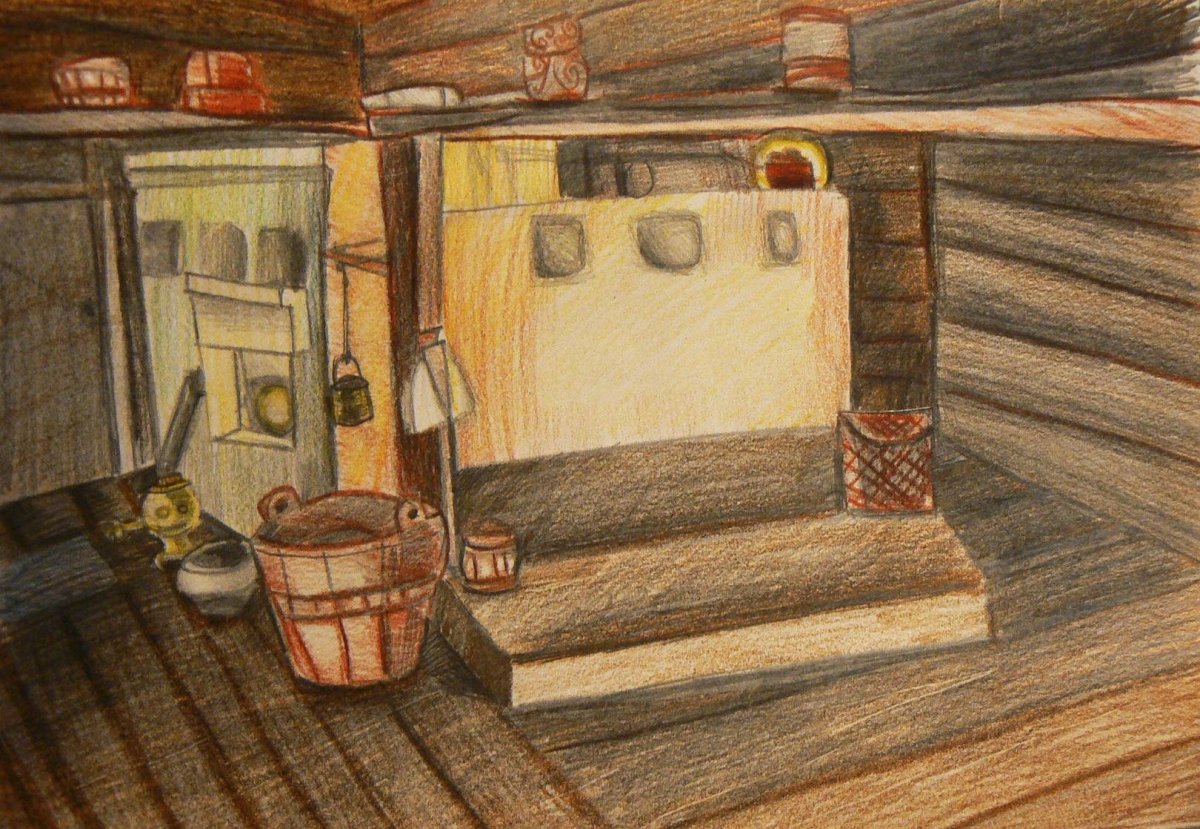 Изба внутри рисунок