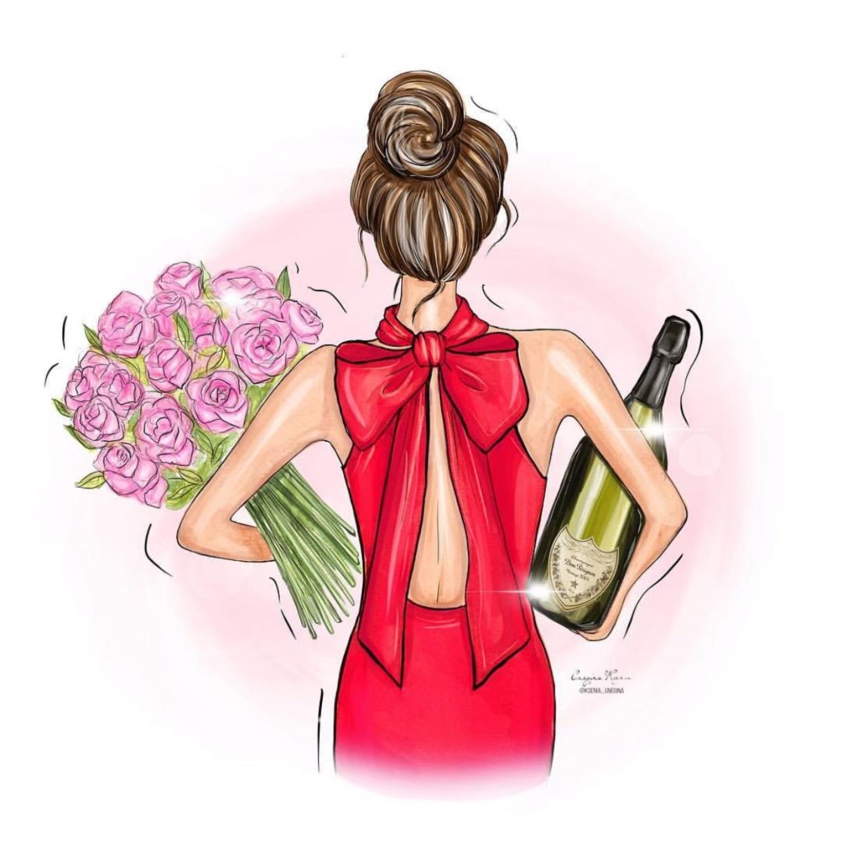 Нарисованная девушка с букетом