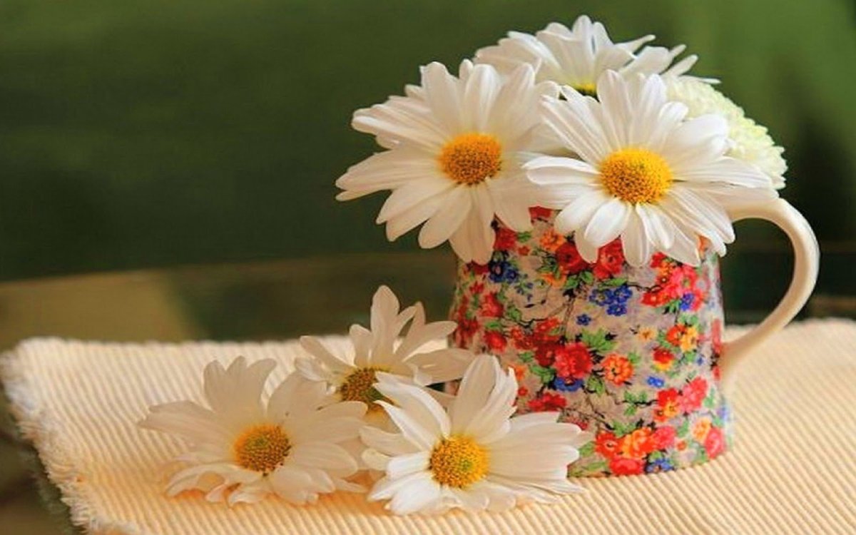 Женщина с букетом ромашек