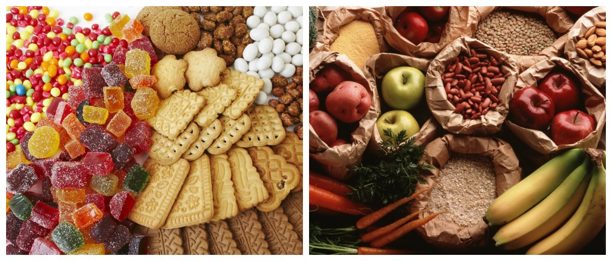 Хлебе, крупах, фруктах и овощах.