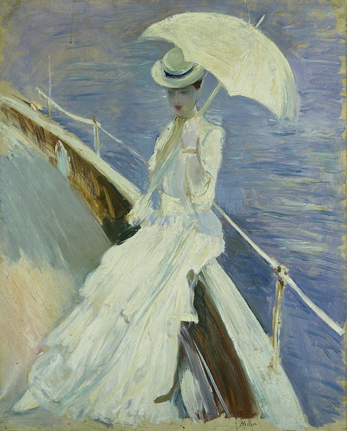 Женщина под зонтиком на цветущем лугу