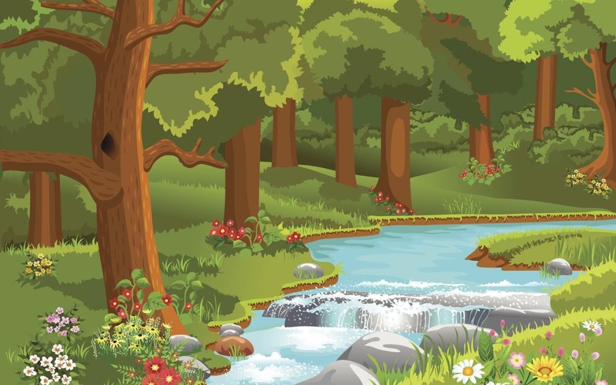 Мультяшный лес с ручьем