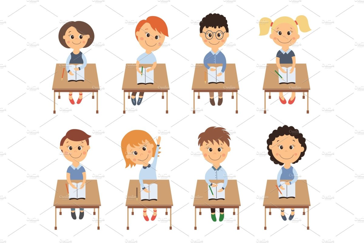 Школьники сидят за партой для детей