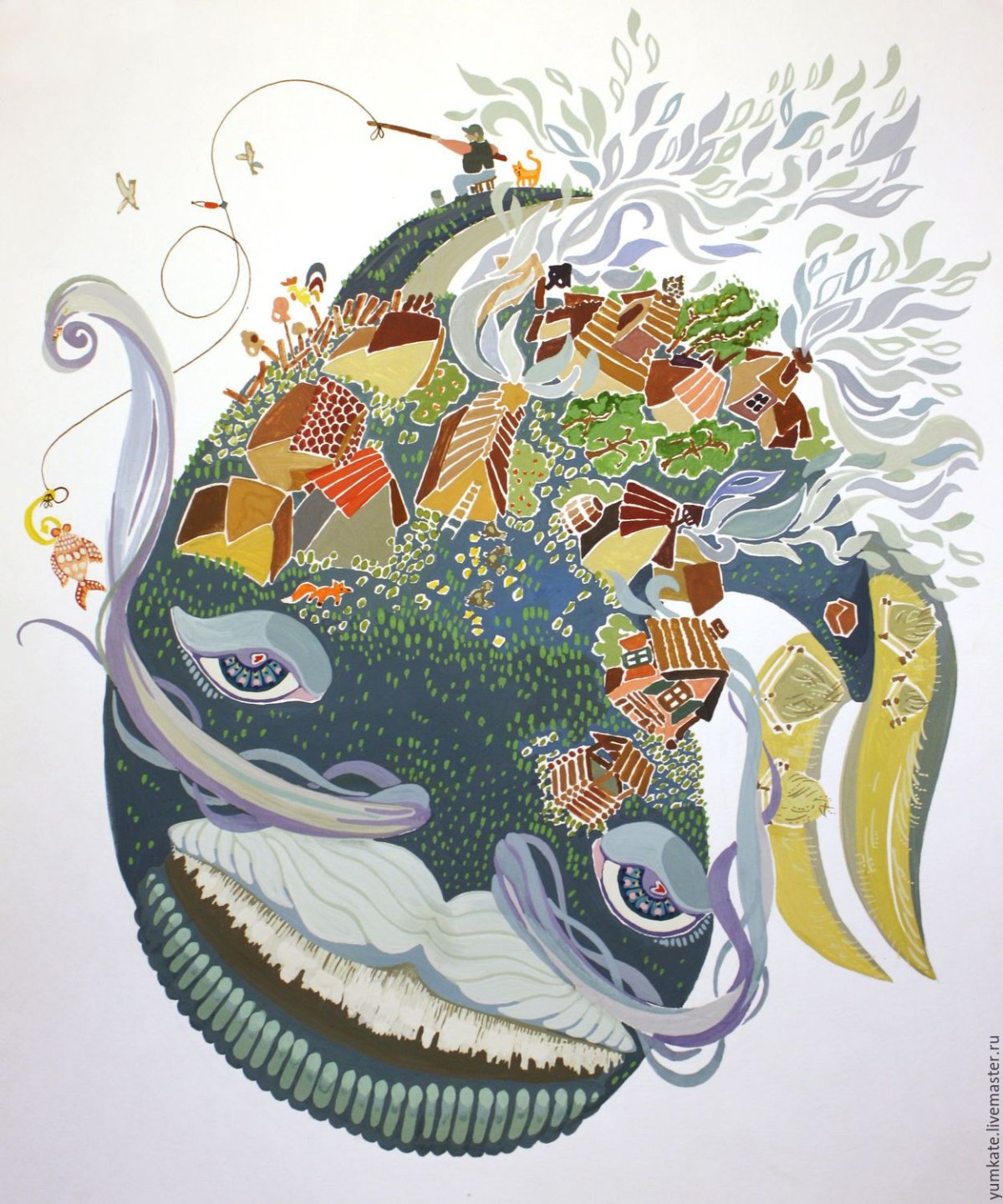 Динамичная композиция рыбы и киты