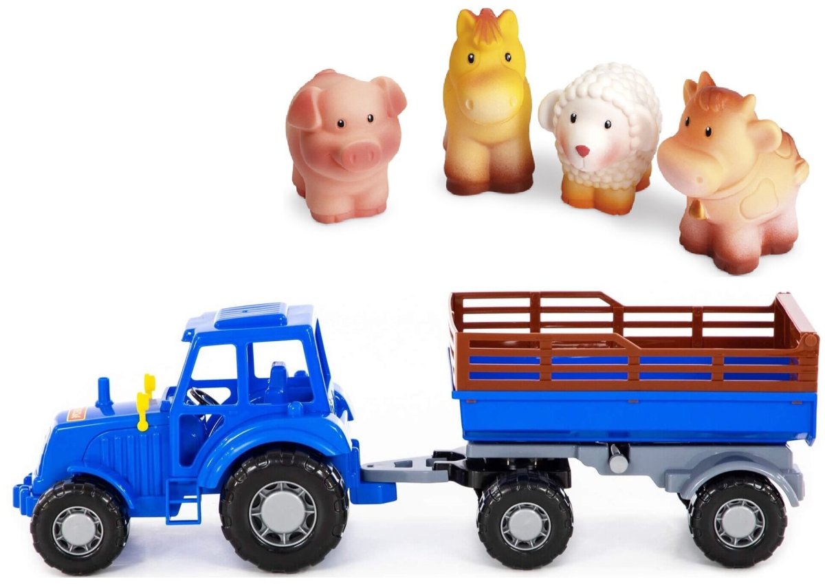 Синий трактор спереди с телегой на белом